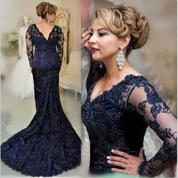 Blue Lace Navy Bride Dresses 2022 New Elegant V-neck Long Sleeve Mermaid Mother of the Groom Wedding Guest Gowns M63