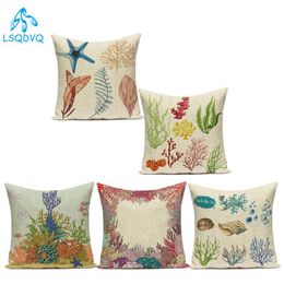 Cushion/Decorative Pillow Vintage Style Seashell Starfish Coral Conch Cotton Linen Decorative Pillows Case Sofa Home Living Room Decoration