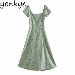Green Floral Print Dress Women Square Neck Sexy Slits Prairie Chic Vestido Mujer Puff Sleeve Holiday Summer Long 210514