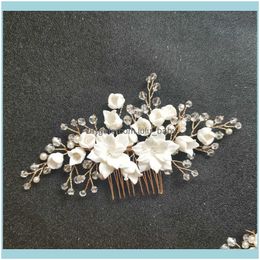 Jewelryslbridal Handmade Crystal Rhinestone Simulated Pearls Ceramic Flower Bridal Wedding Comb Hair Pins Stickers Women Jewellery Drop Delive