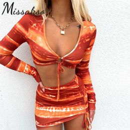 Missakso Tie Dye Print Two Piece Set Beach Summer Orange Black Women Long Sleeve Crop Top Sexy Bodycon Mini Skirt Outfits 210625