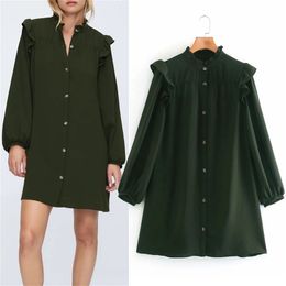 Green Ruffle Shoulder Mini Dress Women Fashion Button Up O Neck Long Puff Sleeve Loose Casual Ladies es 210519