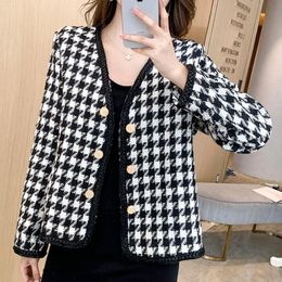 Women's Jackets Women Houndstooth Tweed Coats Long Sleeve V Neck Double Breasted Wool Jacket Designer Runway Plaid Cashmere Outwear Casual T