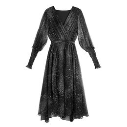 Black Star Print V Neck Puff Sleeve Long Full Dress Maxi Autumn D0611 210514