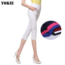 women pants pantalones mujer high elastic waist skinny causal pencil pants female Trousers cotton calf length Plus size S-5XL 210519