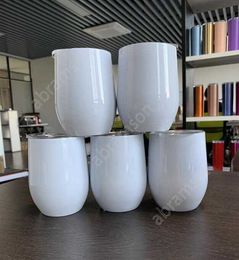 12oz Blank Sublimation Wine Tumblers Egg Shaped Wine Glass Double Wall Mugs Stainless Steel Tumblers with Lid Sea Shipping DHA50 100pcs