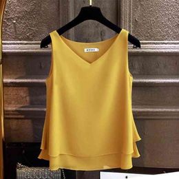 Fashion Brand Women's blouse Tops Summer sleeveless Chiffon shirt Solid V-neck Casual blouse Plus Size 5XL Loose Female Top 210323