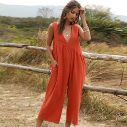 Women Wide-leg Jumpsuits Casual V Neck Sleeveless High Waist Pleated Loose Cotton Linen Romper Summer Solid Female Long Overalls 210526