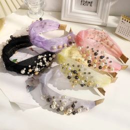 2021 Knot Pearls Headbands For Women Girls Handmade Wide Solid Yarn Fabric Transparent Hairband Bezel Hair Hoop Hair Accessories