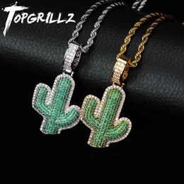 TOPGRILLZ Iced Out Cactus Pendant Necklace Newest AAA Green Cubic Zircon Men's Charms Necklace Fashion Plant Hip Hop Jewelry X0509