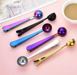 Stainless Steel Coffee Measuring Spoon With Bag Seal Clip Multifunction Jelly Ice Cream Fruit Scoop Spoons Kitchen Accessories SN5544