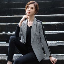 Splicing British style ladies small suit autumn and winter high quality elegant fashion white collar business wear jacket 210527