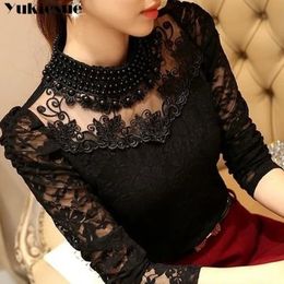 elegant long sleeve bodysuit beaded Women lace blouse shirts crochet tops blusas Mesh Chiffon blouse female clothing 210317