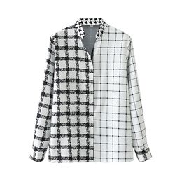 Causal Women Black White Plaid Patchwork Shirts Fashion Ladies Stand Collar Tops Streetwear Female Chic Button Blouses 210527