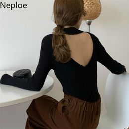 Korean O Neck Slim Fit Heart Hollow Out Knitted Sweater Sexy Open Back Black Long Sleeve Pull Femme Pullover Autumn 46917 210422