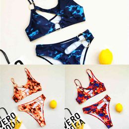 African Style Bikini Bathing Suit Sexy Cut Out Swimwear Chain Ring Swimming Suit for Women Two Piece Swimsuit Floral BiquiniX0523