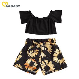 1-5Y Child Kid Girl Clothes Set Outfits Off Shoulder Crop Tops Sunflower Shorts Summer Flower Beach Holiday Costumes 210515