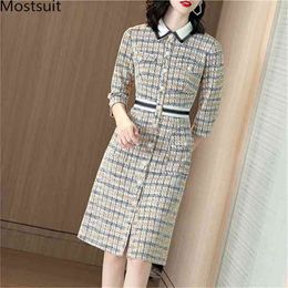 Autumn Winter Tweed Elegant Dresses Women Plus Size Turn-down Collar 3/4 Sleeve Single-breasted Ladies Mid-length 210513