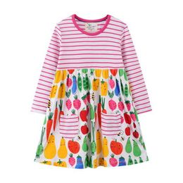 Princess Girls Dresses With Vegetables Print Autumn Spring Kids Cotton Clothes Stripes Pocket Hot Kids Frocks Costume G1026