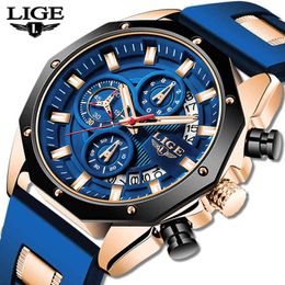 2021 Lige New Fashion Mens Watches Top Brand Luxury Silicone Sport Watch Men Quartz Date Clock Waterproof Wristwatch Chronograph Q0524