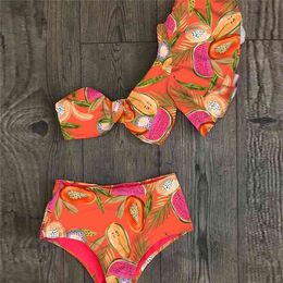 One Shoulder Bikini Set Sexy Ruffle Swimwear Women Swimsuit High Waist Bathing Suit Beachwear Red Print Biquini female 210702