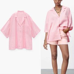 ZA Oversized Summer Pink White Shirt Women Long Sleeve Vintage Loose Top Fashion Side Vents Button Up Woman Pleat Blouse 210602