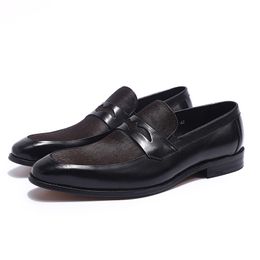 Brand New Luxury Men Penny Loafer Black Brown Patchwork Genuine Leather And Horsehair Slip On Dress Shoes Mens Casual Shoes