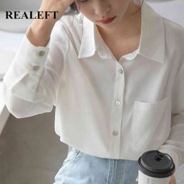 One Pocket Formal White Women's Blouse Elegant Office Ladies Shirts Long Sleeve Single Breasted Female Tops Spring 210428