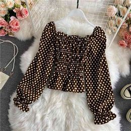 Herbst Stil Koreanische Quadratkragen Polka Dot Chiffon-Hemd Frauen Rüschen Hauch Ärmel schlank Abnehmen Zugeschnittene Top UK690 210506