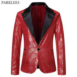 Rose Floral Bronzing Blazer Men Brand One Button Patchwork Collar Suit Jacket Male Wedding Groom Stage Costume Homme Red XL 210522