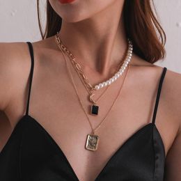 Chokers Vintage Boho Multilayer Pearl Choker Square Pendant Chain Necklace For Women Gold Colour Silver Collar Party Fashion Jewellery Gift