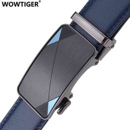 WOWTIGER blue 3.5cm width Cow genuine leather mens belt cowhide strap ratchet automatic buckle belts for men brand designer belt 210322