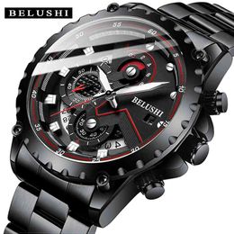 Fashion New Mens Watches BELUSHI Top Brand Luxury Chronograph Full Steel Waterproof Quartz Watch Men Date Sports Clock 210329