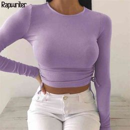 Casual Solid O-Neck Long Sleeve Crop Top Women Side Drawstring Ruched White T-Shirt Female Tee Shirt for Clothing 210510