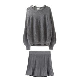 Grey Solid O Neck Sweater Full Sleeve Women Mini Skirt Knitted Two Pieces Set Elegant T0102 210514