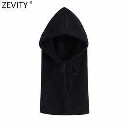 Zevity Women Fashion Lace Up Hooded Knitting Sweater Femme Chic Design Casual Pullovers High Street Ladies Black Tops S558 210603