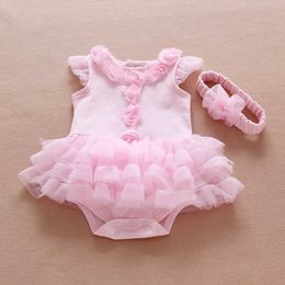 Summer Baby Girls Romper Onesie for Kids Lovely Rosset Pink Tutu Dress with Headband Birthday Party Outfit Clothing 210529