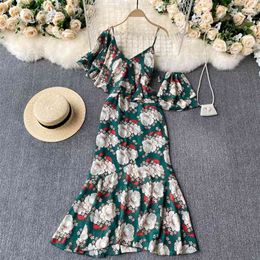 Summer Dress Women Chic Floral Print Spaghetti Strap V-neck Ruffles Boho Style Beach Holidays Maxi Vestidos 210603