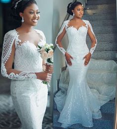 2022 Plus Size Arabic Aso Ebi Mermaid Luxurious Lace Wedding Dress Sheer Neck Long Sleeves Bridal Gowns Dresses ZJ511