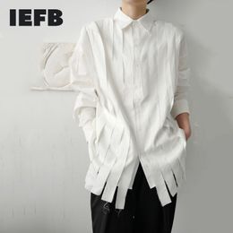 IEFB High Quality Design White Shirts For Male Spring Loose Ribbon Tassel Patchwork Long Sleeve Blouse Male 9Y3297 210524