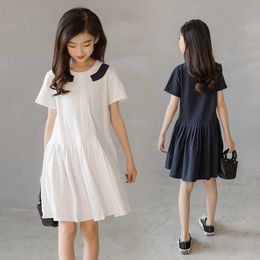Elder Girsl Designer Cotton Dress for Teenager Solid Preppy Styles Pleated Summer Clothing 210529