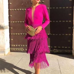 Office Ladies Rose Red Fringe Sexy Dress Womens Spring Summer Fashion Knee Length Slim Party Night Dresses XXL Tassels 211206