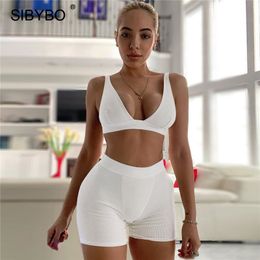 Sibybo Summer Two Piece Sport Sets Women V-Neck Tops Biker Shorts Suit Casual Outfits Female Rib Knitted Fitness Loungewear Set X0428