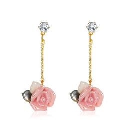 French Rose Flower Long Dangle Earrings Women Retro Crystal Tassel Chain Ear Nail European Business Party Gift Floral Earring Jewelry Wholesale