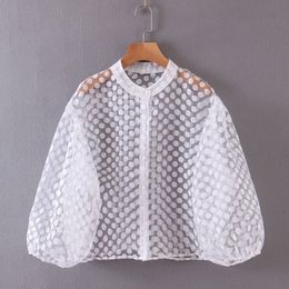 Stylish Sexy Transparent Dot Printed Blouses Women Fashion V Neck Shirts Elegant Ladies Buttons Puff Sleeve Tops 210520