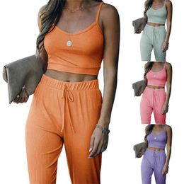 Sexy 2 Piece Sets Women Sling Crop Top High Waist Lace Up Leggings Spring Summer Fashion Streetwear Outfits Tracksuit 210522