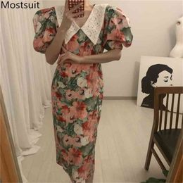 Summer Korean Vintage Floral Printed Long Dress Embroidered Collar Puff Sleeve Fashion Dresses Elegant Party Ladies Vestido 210513