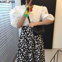 Korejpaa Women Dress Sets Summer Korean Ruffled Large Lapel Loose Bubble Sleeve Shirt and High Waist Small Daisy Skirt Suit 210526