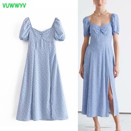 Summer Blue Vintage Floral Print Midi Dress Women Flowing Evening Party Woman Elegant Gowns Short Sleeve Vestidos 210430