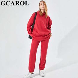 GCAROL Fall Winter Women Long Hooded Suits 80% Cotton Fleece Oversized Boyfriend Sweatshirt Elastic Waist Harem Pants 210930